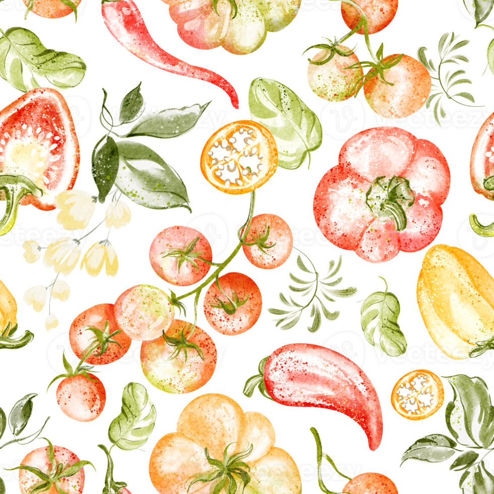 Hand drawn watercolor pattern with tomatoes, chili peppers, basil, and herbs. Seamless and tileable design for kitchen, textile, and food projects. Suitable for print and digital use. png