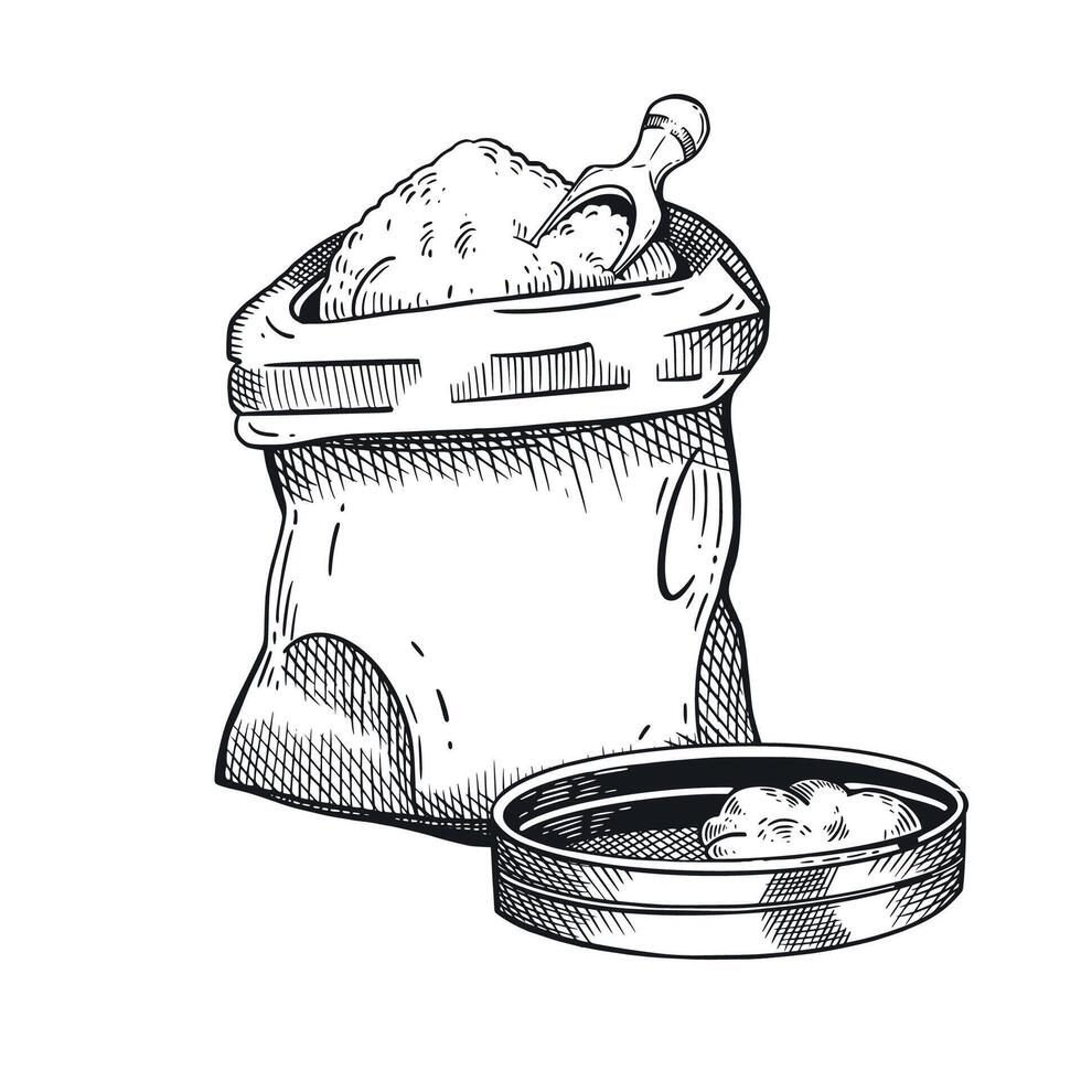 Bag of flour and wooden scoop, sieve for sifting flour. illustration. Suitable for printing on food packaging, wrapping paper, bakery design vector