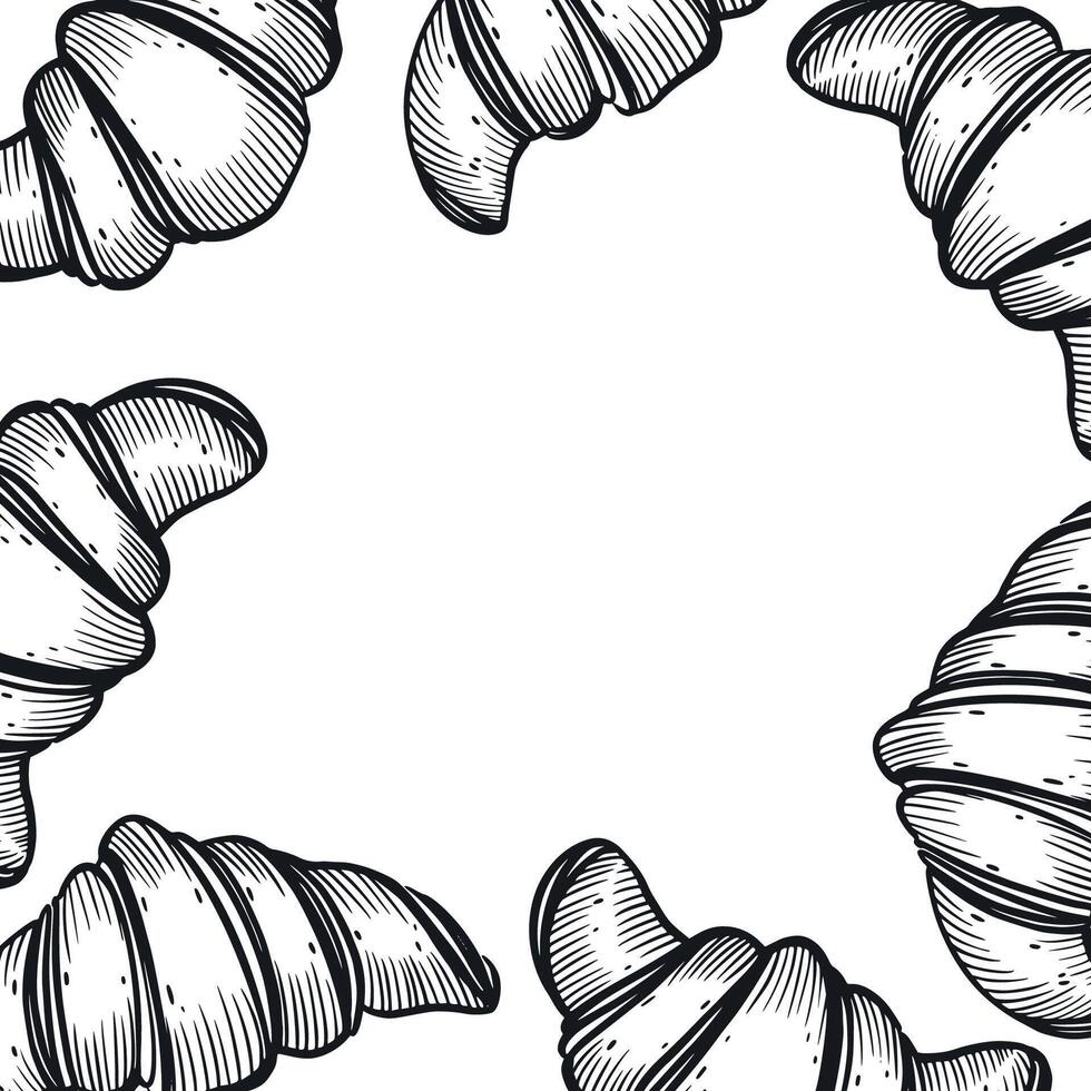 Square frame of croissants, fresh pastries. All objects are hand drawn in in dark gray. illustration. Suitable for design of packaging of sweets, flour, menu vector