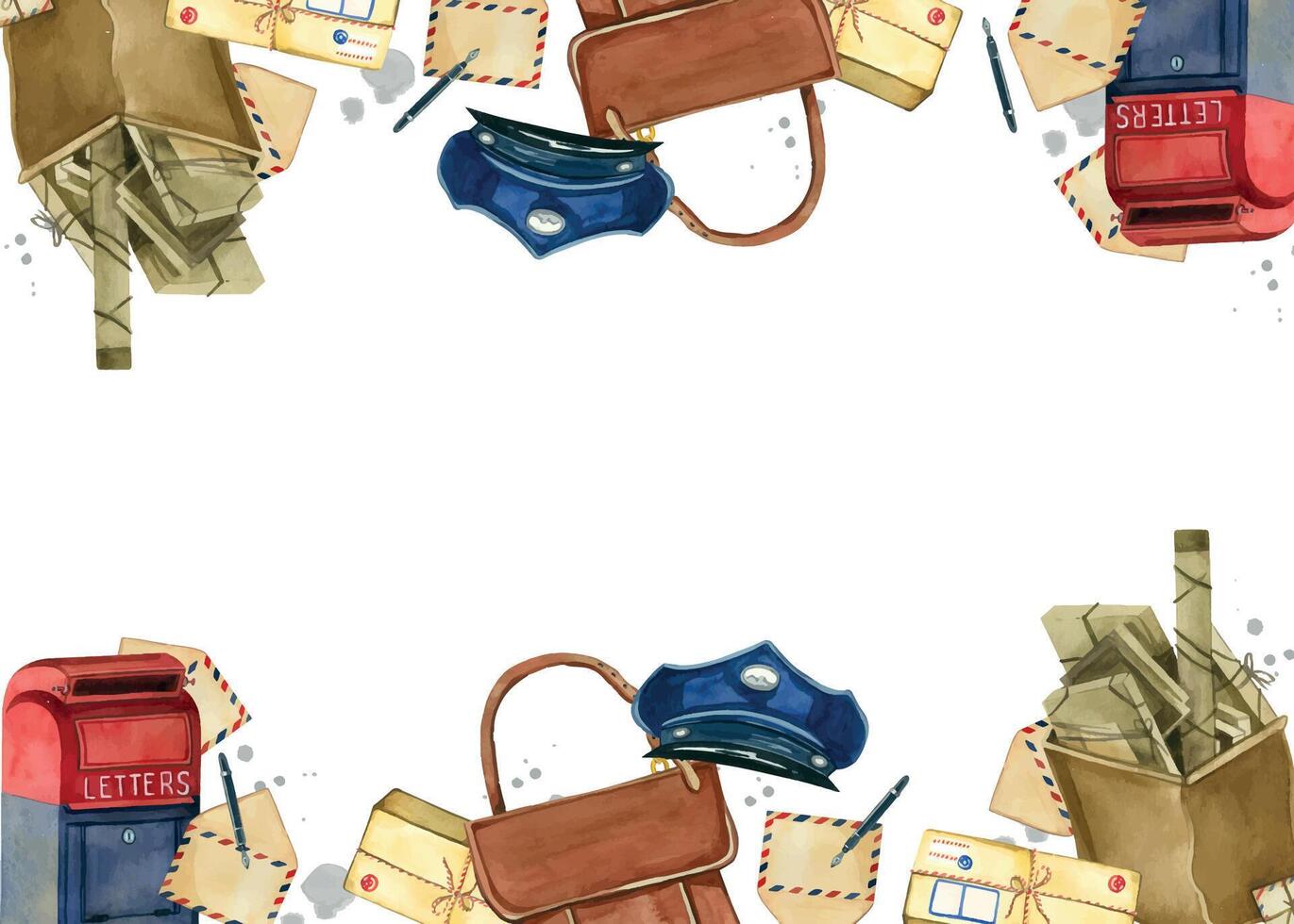 Double-sided watercolor border for Post Day, parcels, letters, mailboxes, bag and postman's cap, all objects are hand-painted in watercolor. For design of wrapping paper, goods at the post office vector
