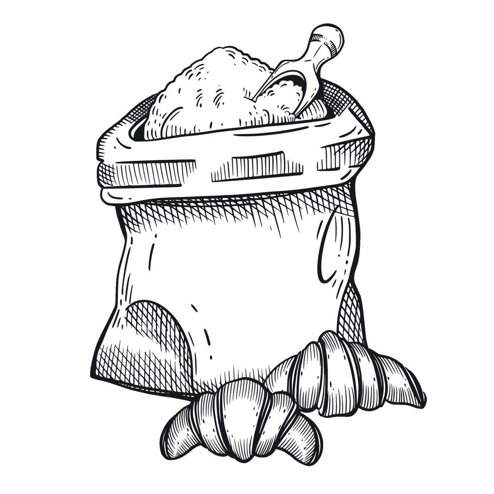 A bag of flour with a scoop for pouring and two croissants in the foreground. All objects are hand-drawn in in gray. Suitable for flour packaging design, bakery and confectionery menus vector