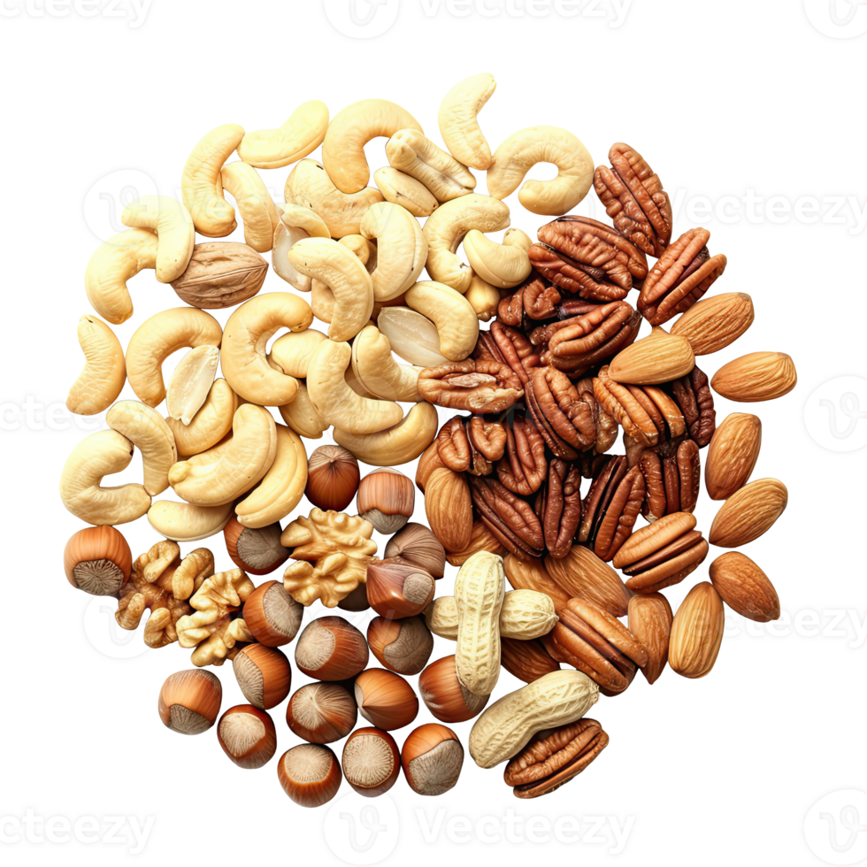 Top view of a pile of nuts on transparent png
