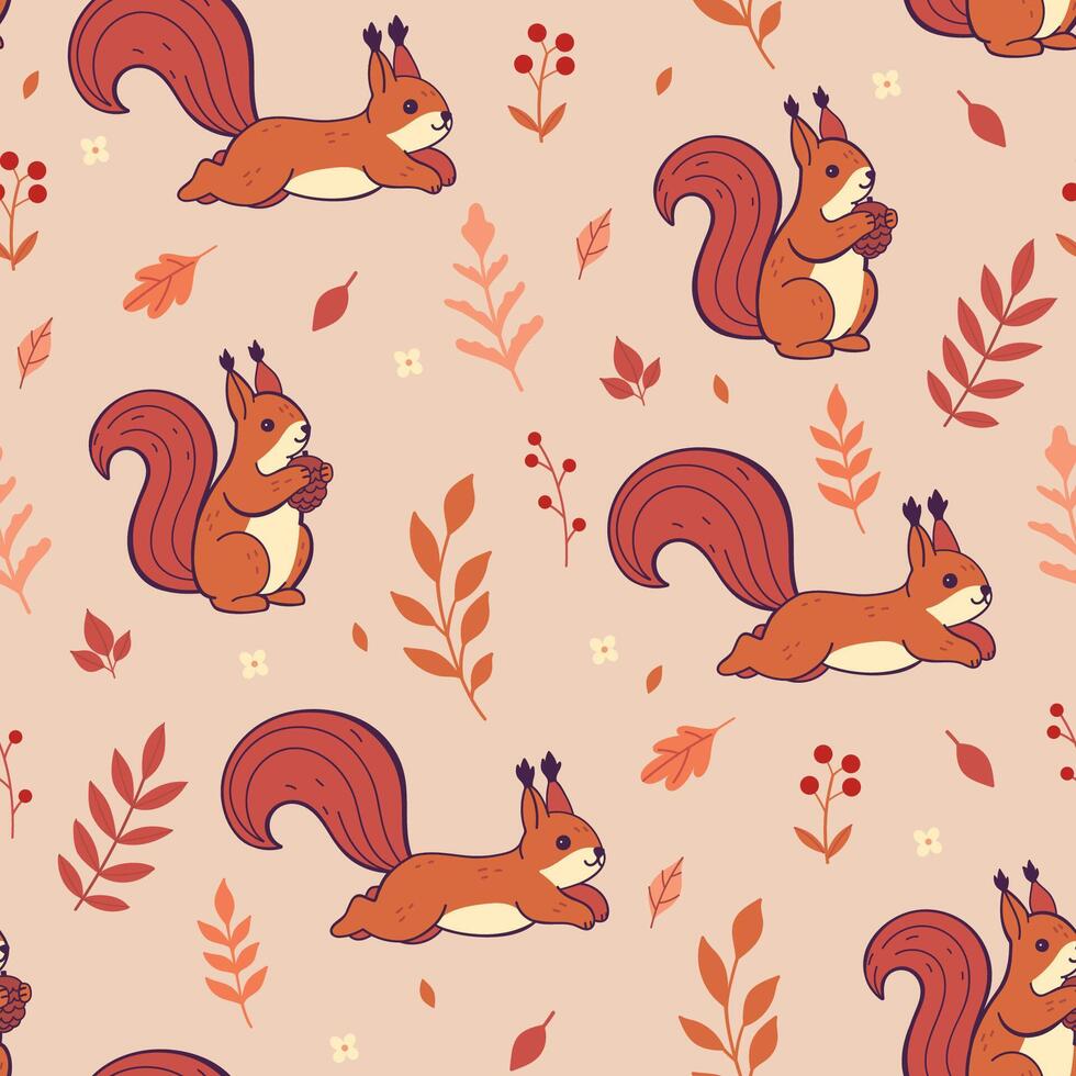 Seamless pattern with red squirrels and autumn flora. graphics. vector