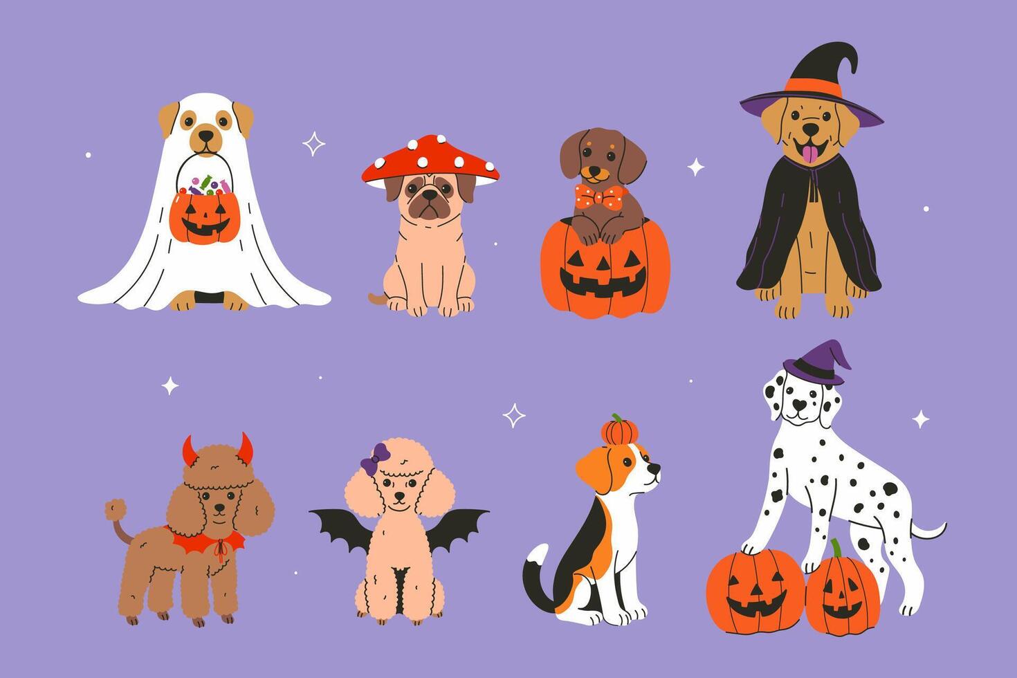 Set of dogs of different breeds in Halloween costumes. graphics. vector