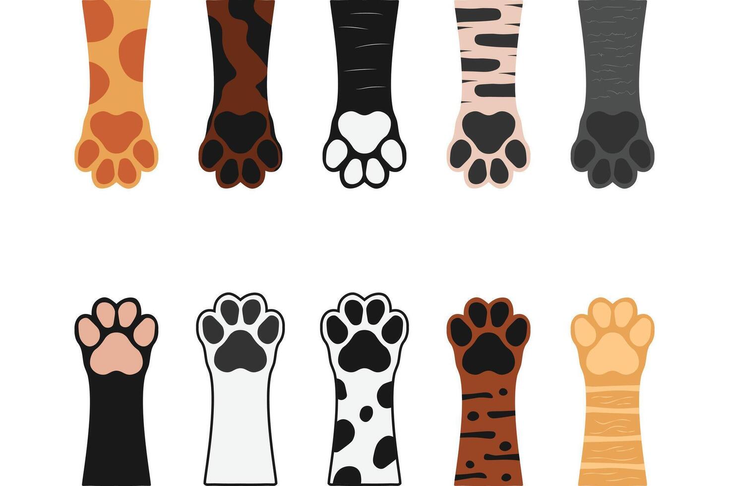 Dog pets paws up set. Cute dog feet with colorful fur. Puppy paw set vector