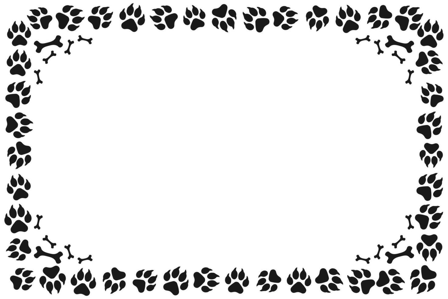 Cute pet frames with animal paw prints and bone patterns. Cat or dog paws border vector