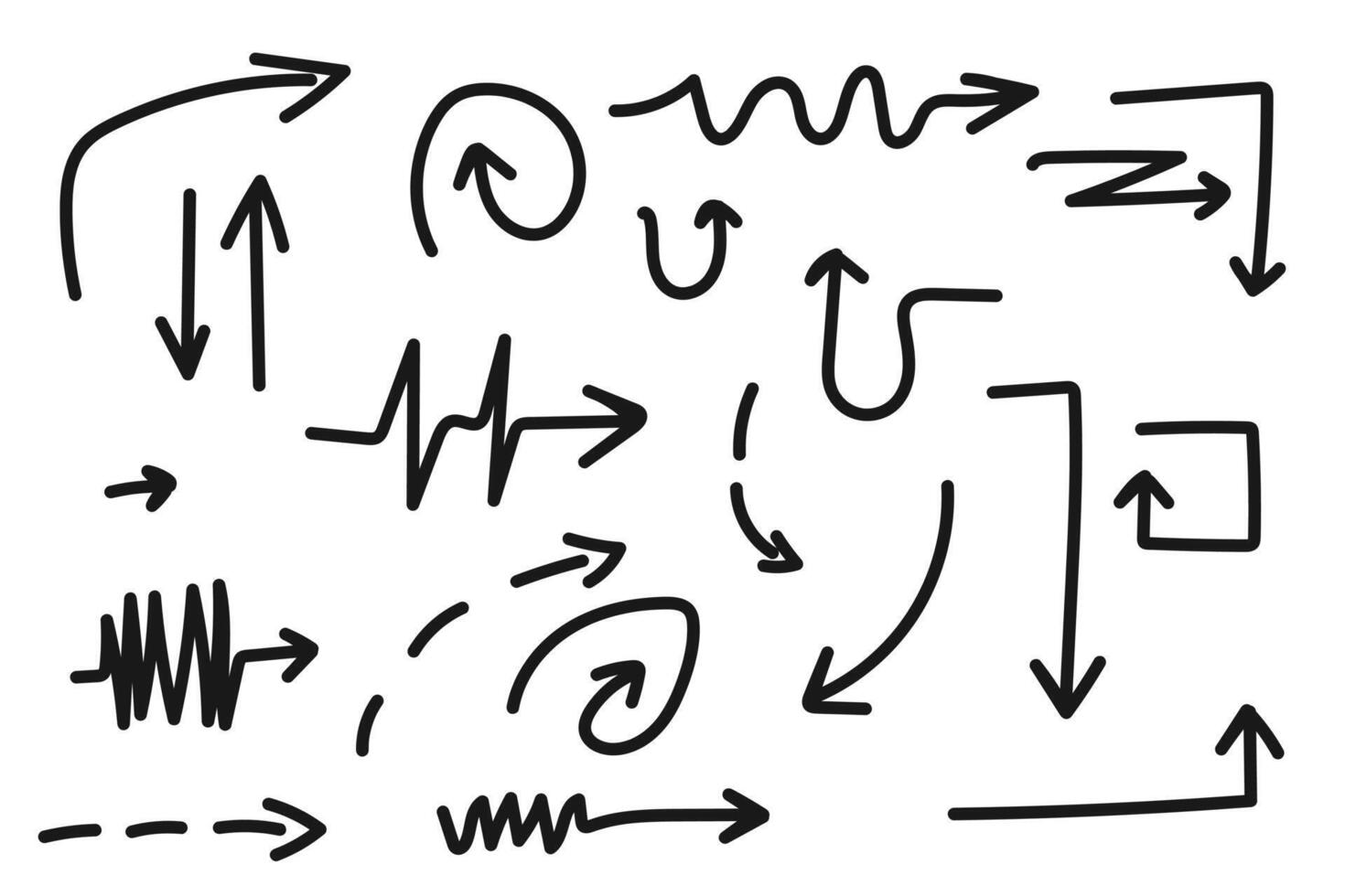 Handdrawn navigation arrow doodle dynamic curves. Doodles zigzag lines and motion paths vector