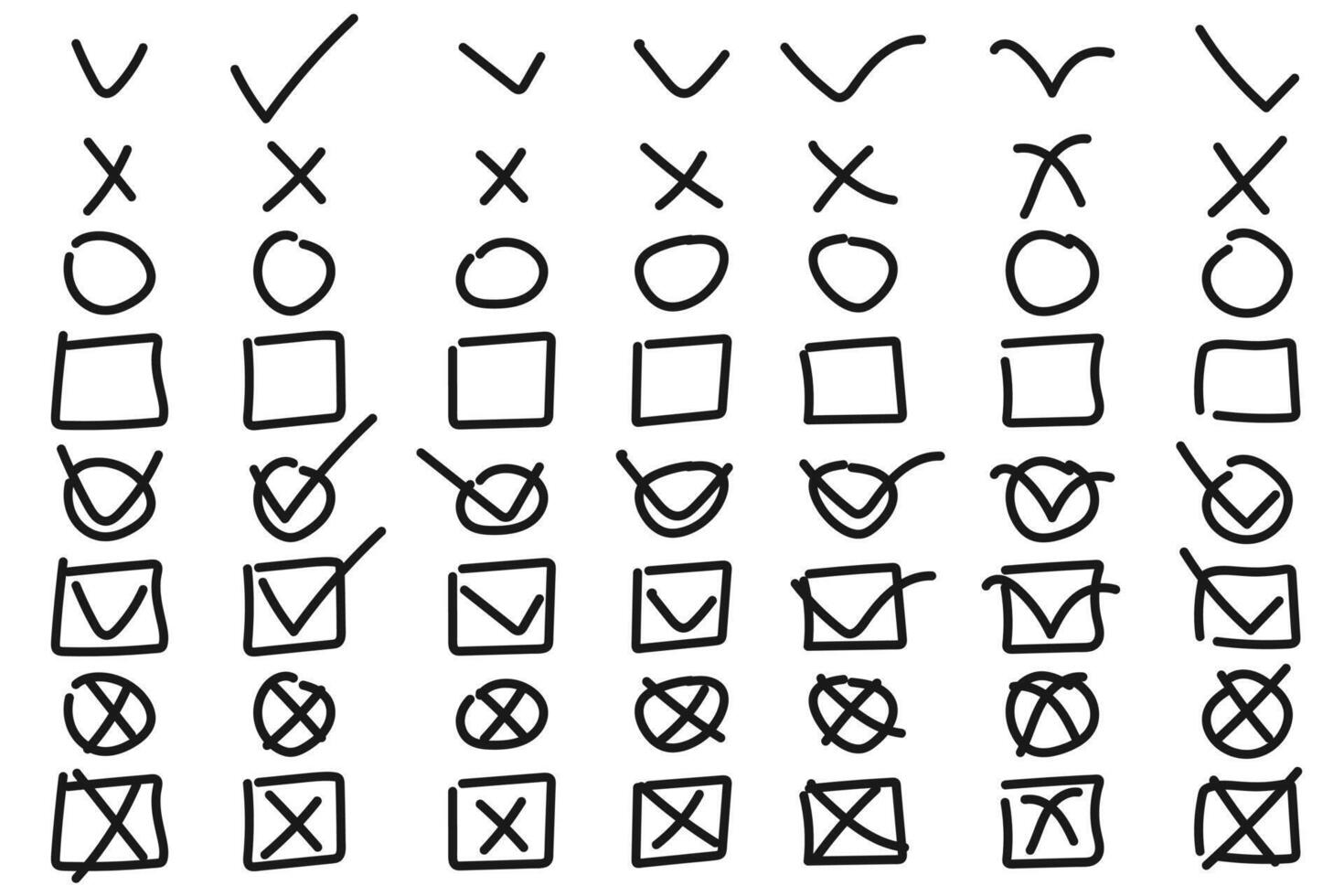 Doodle checkmark strokes and circles. Doodles sketch tick mark and confirmation icons vector