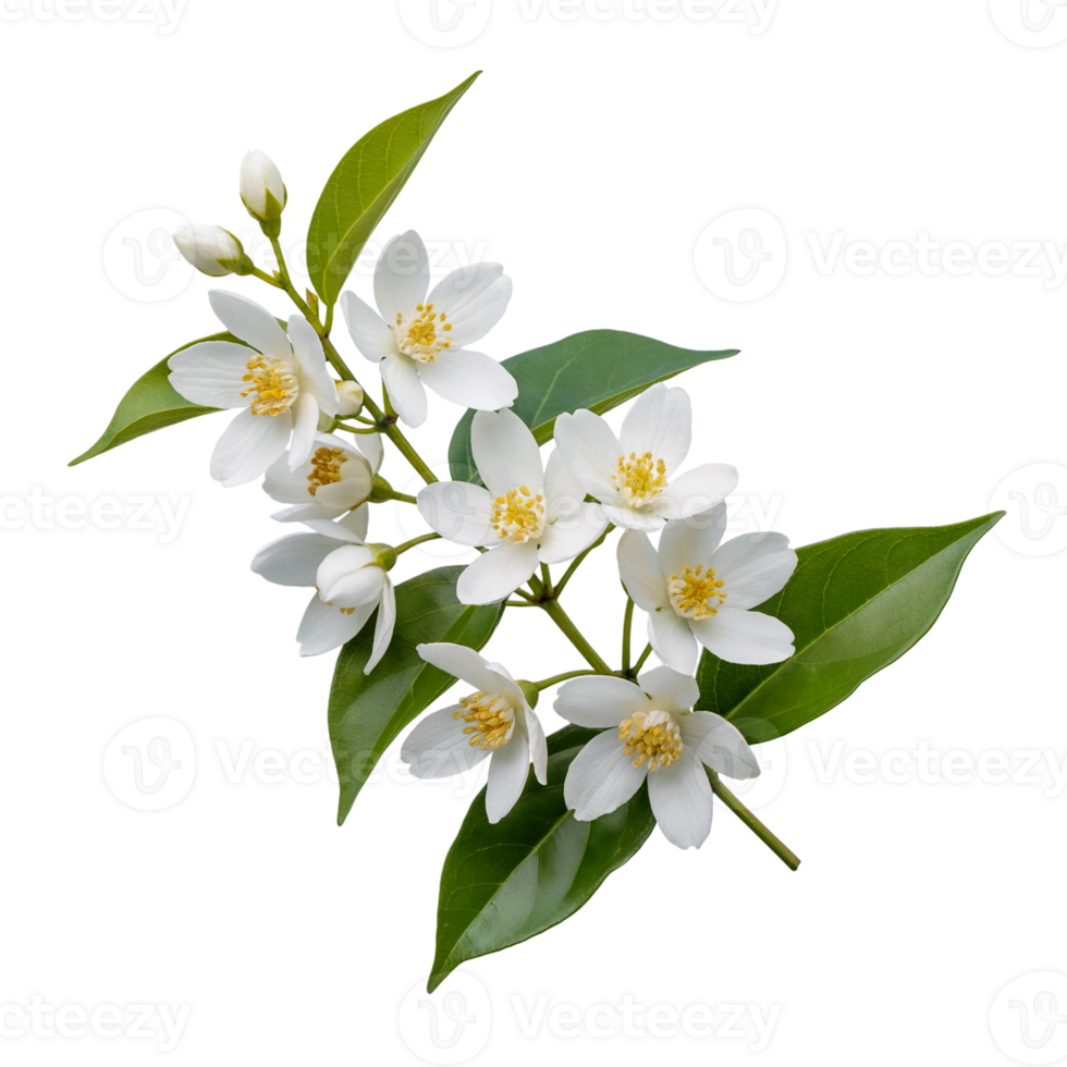 Elegant sprig of white jasmine flowers and green leaves on transparent background png