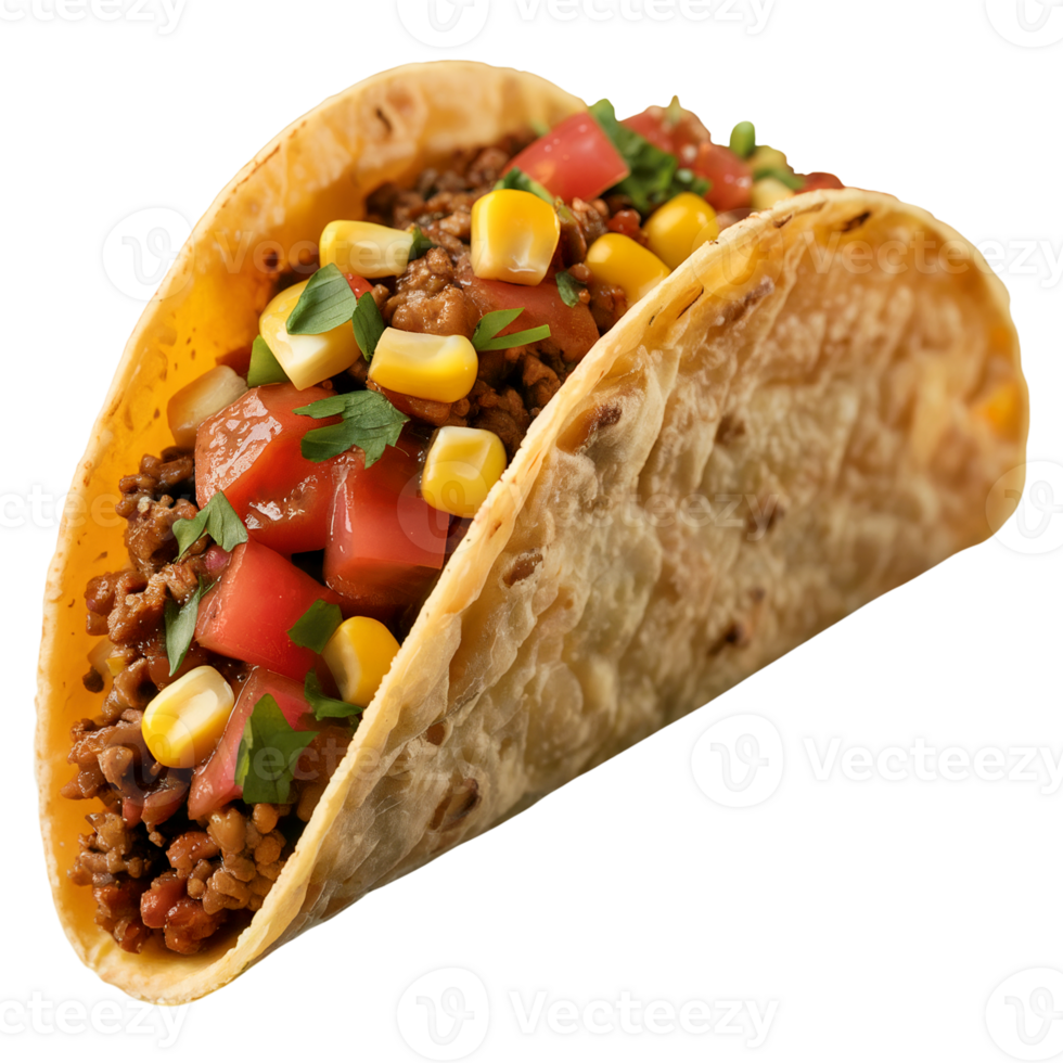 Delicious Taco with Ground Beef Tomatoes Corn and Parsley Close Up png