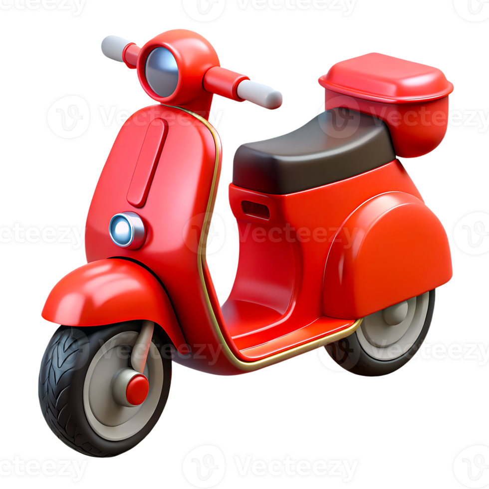 3D Scooter with Delivery Box icon, Red Color, 3d render Scooter Bike cartoon, png