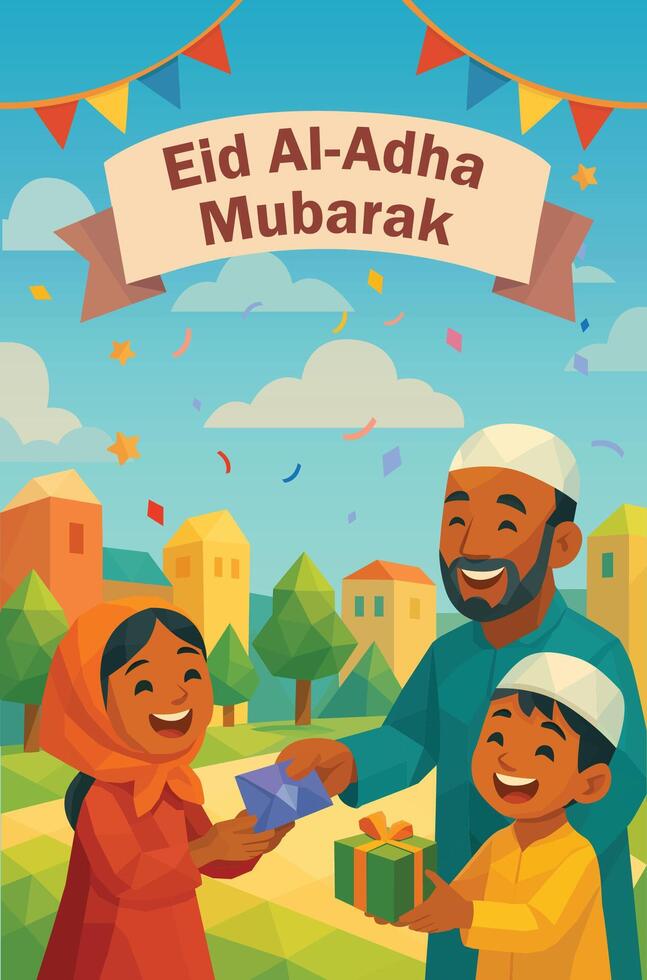 Eid al-Adha Mubarak flat poster with kids exchanging Eidi and gifts vector
