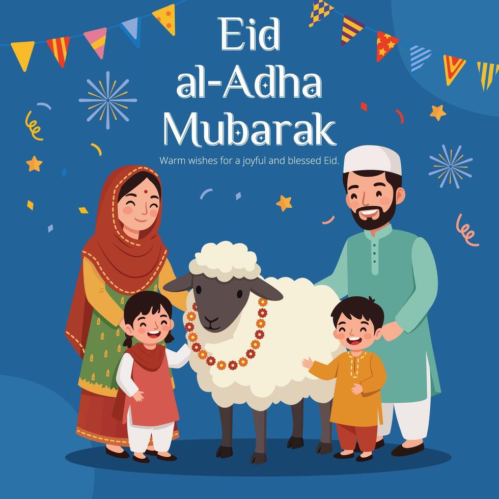Eid al-Adha Mubarak flat greeting card with family and decorative Eid sheep vector