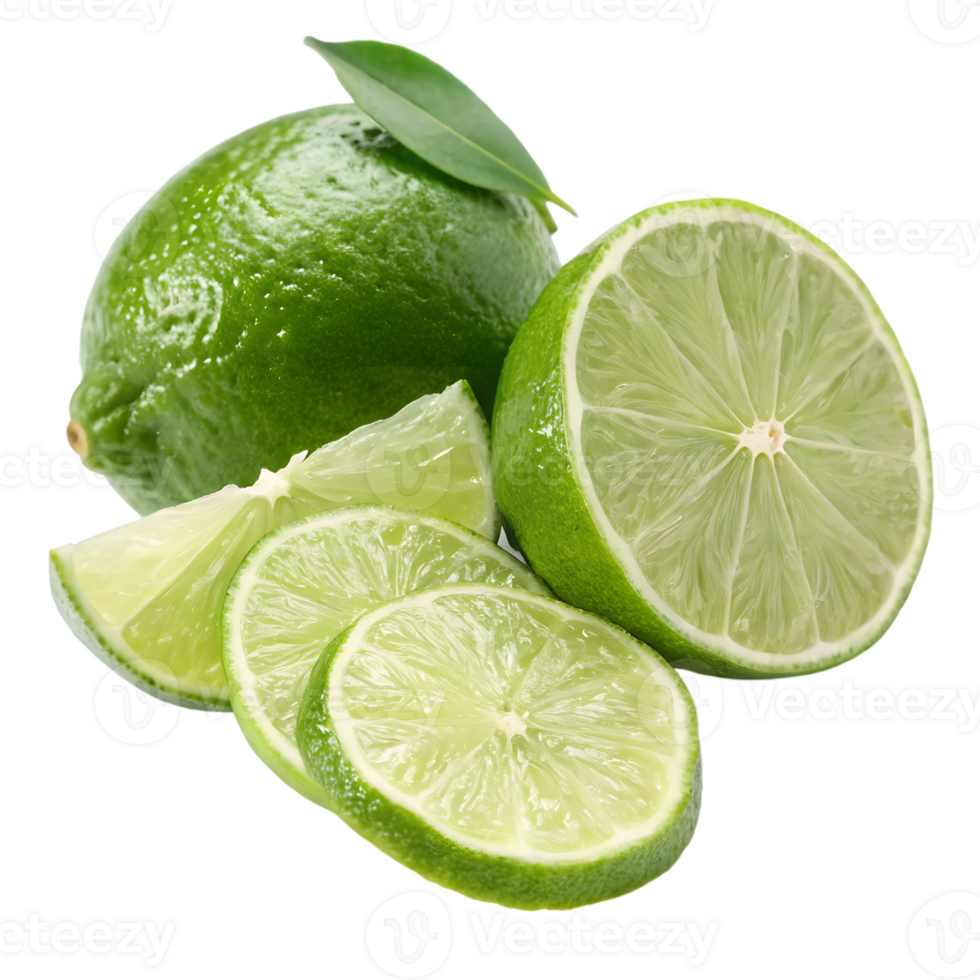 Bright Green Whole and Sliced Limes with a Leaf on Transparent Background png