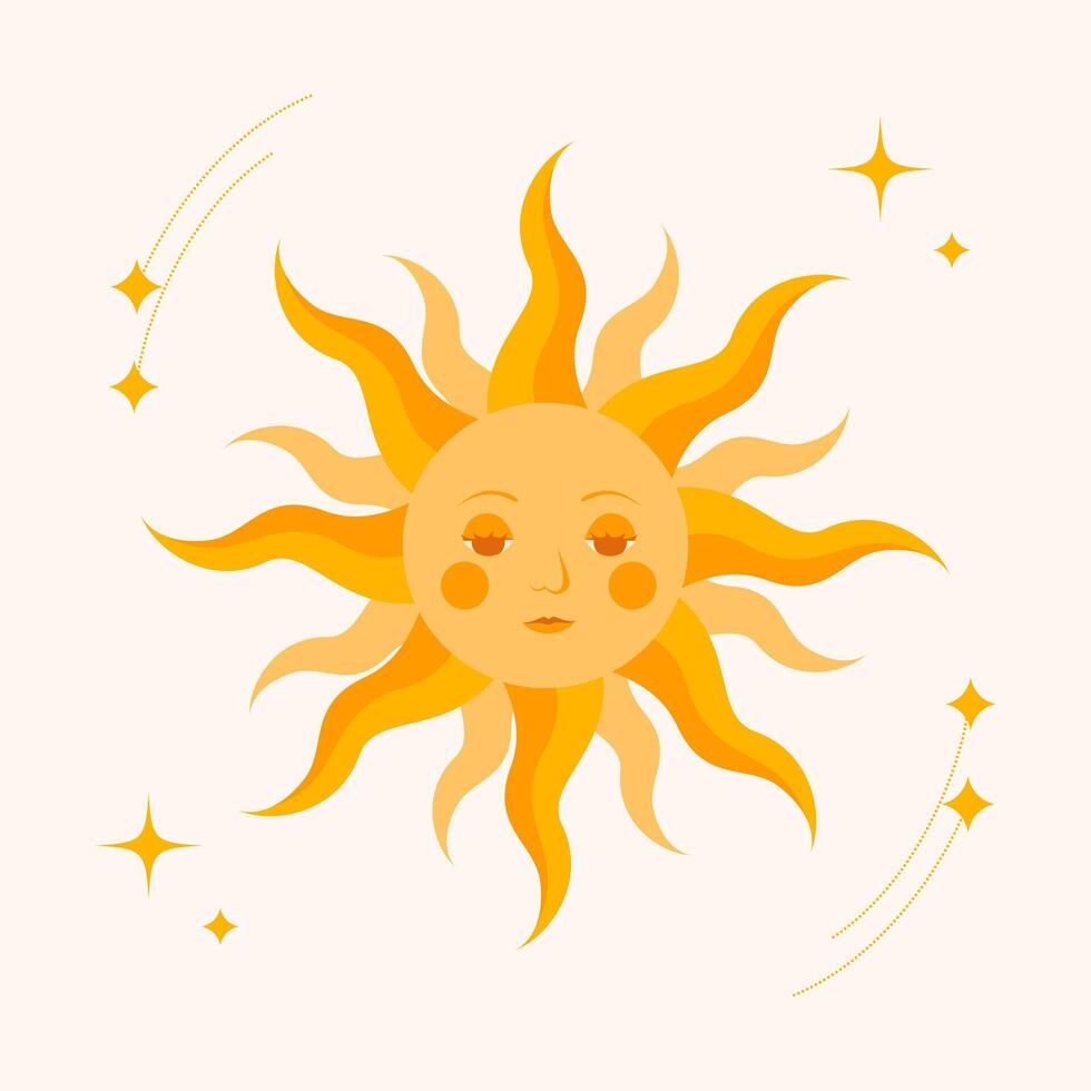 A cute cartoon sun with wavy rays and a face surrounded by stars. Ideal for nursery, children's room, bedroom, children's prints on clothes, pajamas, invitations, educational materials. vector