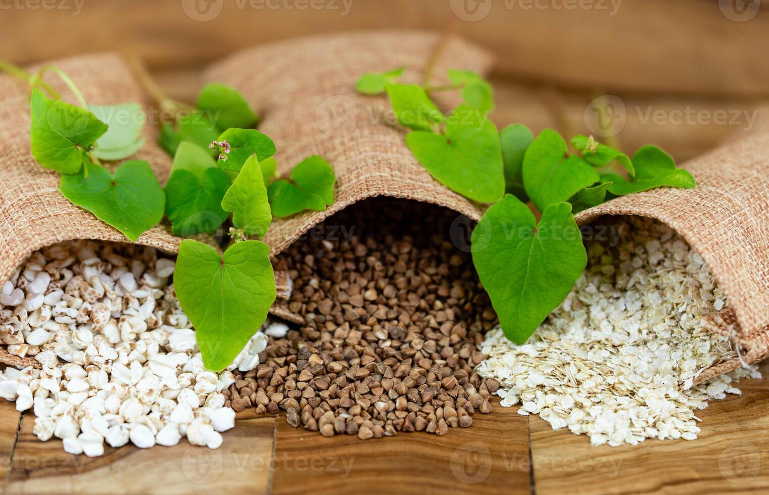3 jute sack with buckwheat Fagopyrum esculentum photo