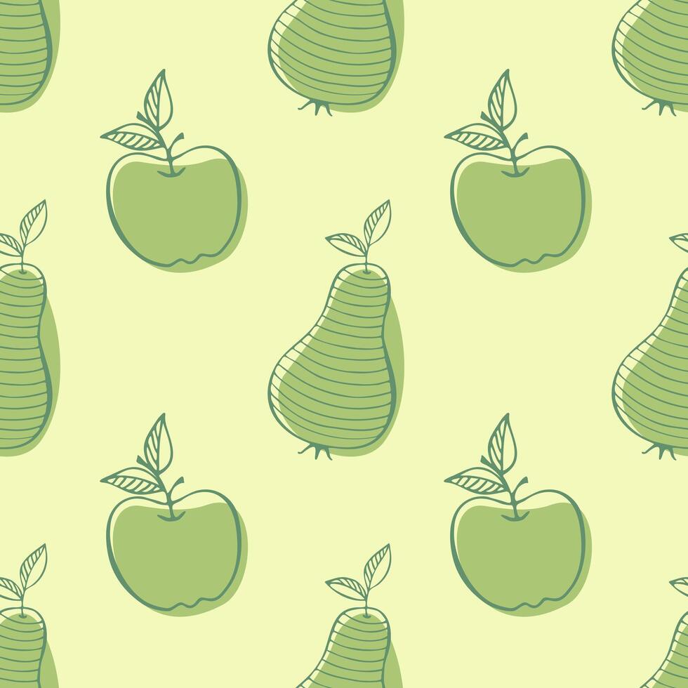 Summer garden with stylized contour drawings of apples and pears on green spots, pattern in gentle green tones. Packaging, background, wallpaper, wrapper. vector