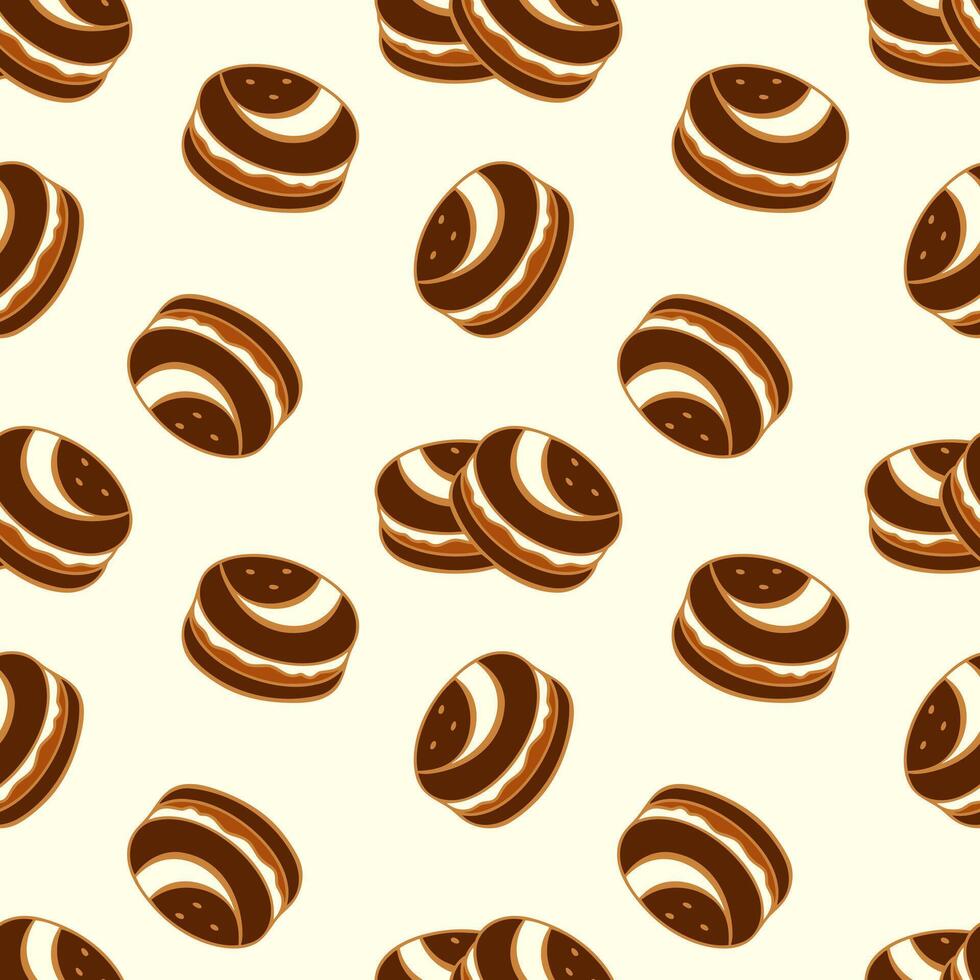 Pattern with Cookies on creme background, chocolate cookies with cream filling. For packaging design. vector