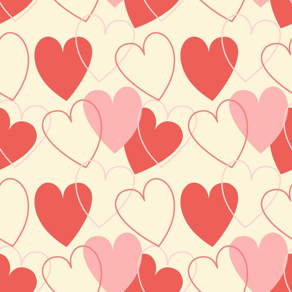 Love vibe, pattern in warm red and creme tones, wedding and Valentines day, heart silhouettes and outlines. vector