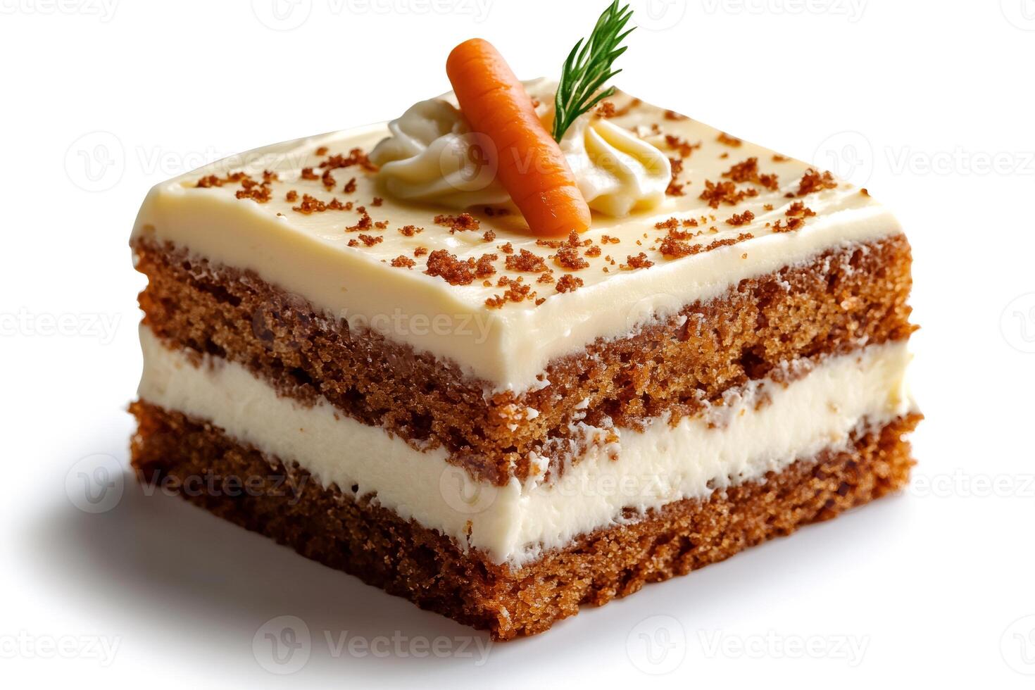 Delicious carrot cake slice decorated with cream and carrot photo