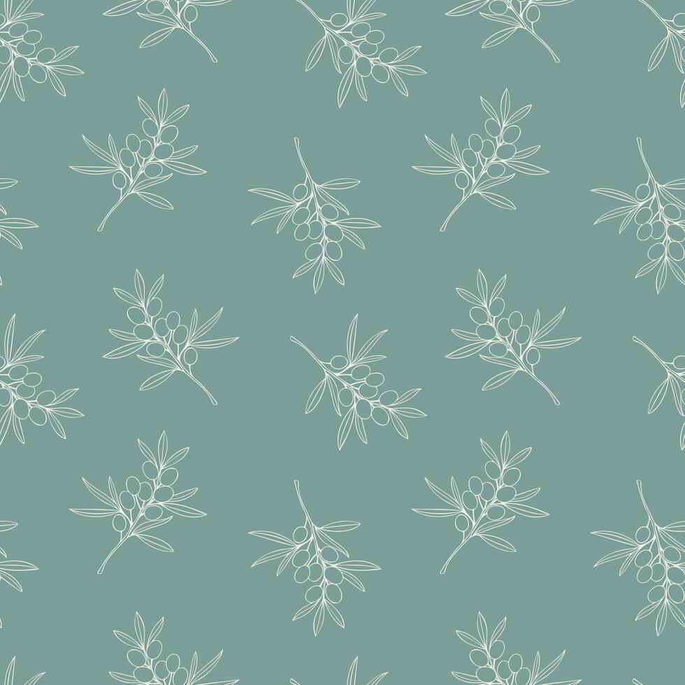 Olives branch pattern on pastel blue background. vector