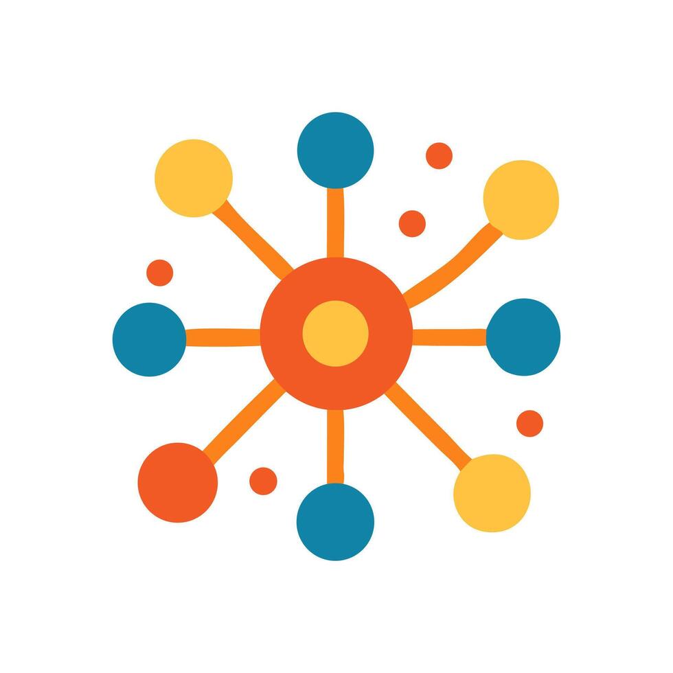 Multicolored network icon featuring a central orange circle connected by lines to various colored circles with scattered dots around it flat design illustration vector