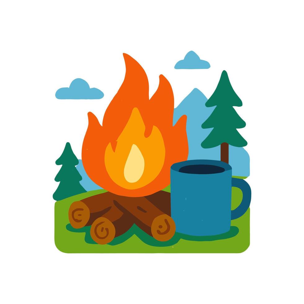 Cozy campfire gathering with mountain backdrop illustration design element vector