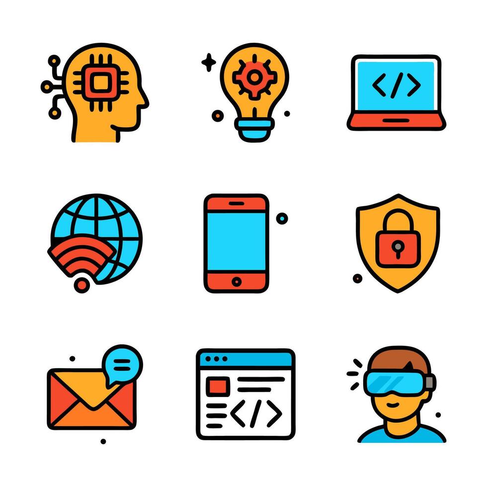 Nine tech icons are arranged brain with chip lightbulb gear coding laptop global wifi smartphone padlock shield email code window VR user flat design illustration vector