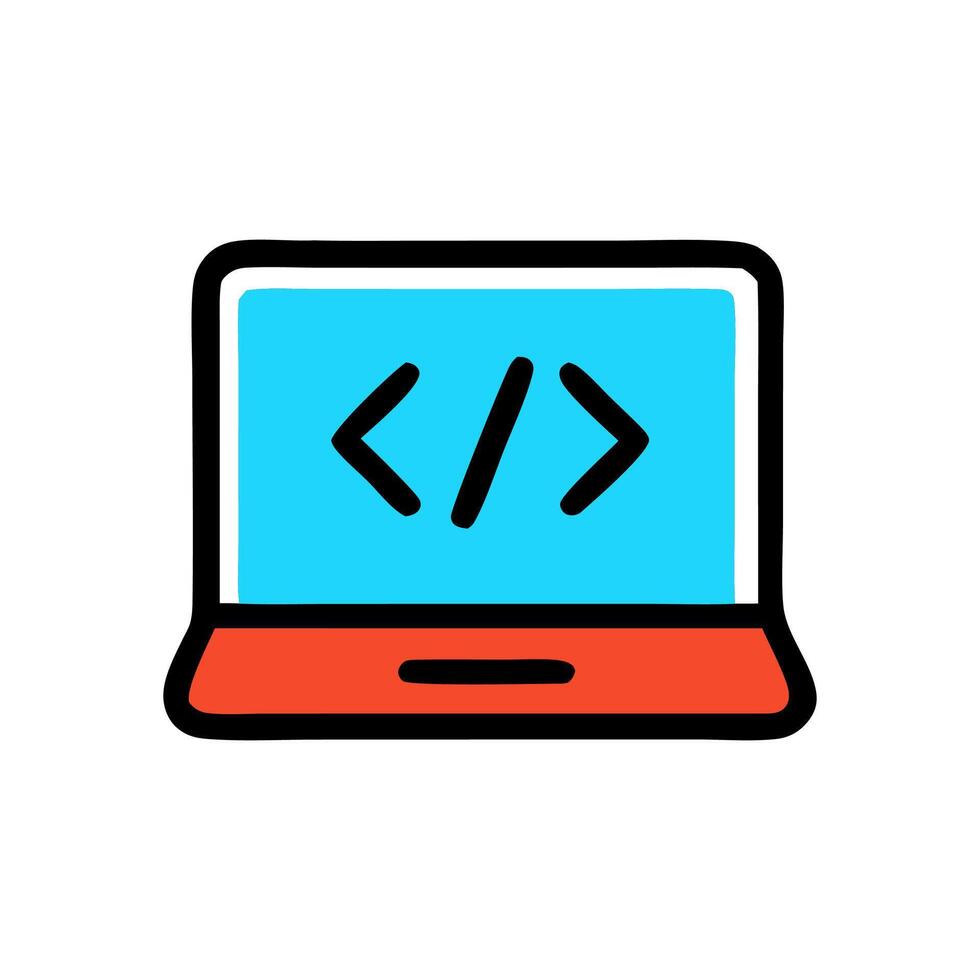 A cartoon laptop displays HTML code on a blue screen It has a red base with black edges flat design illustration vector