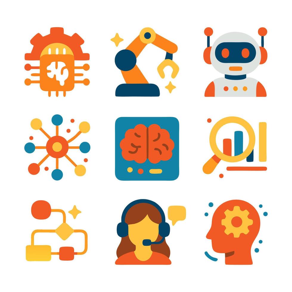 A grid of nine colorful AI related icons each distinct in design and symbolism flat design illustration vector