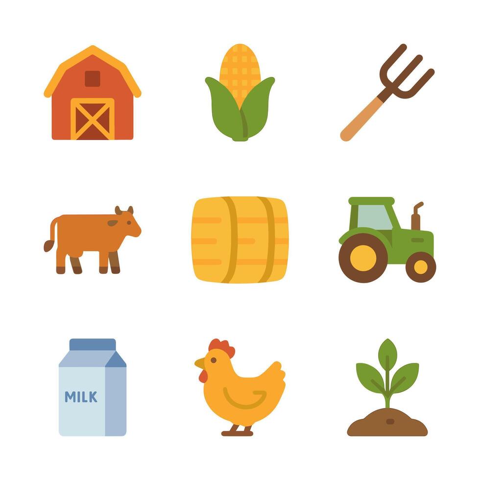 Nine colorful farm icons arranged in a grid featuring a barn corn and tractor vector