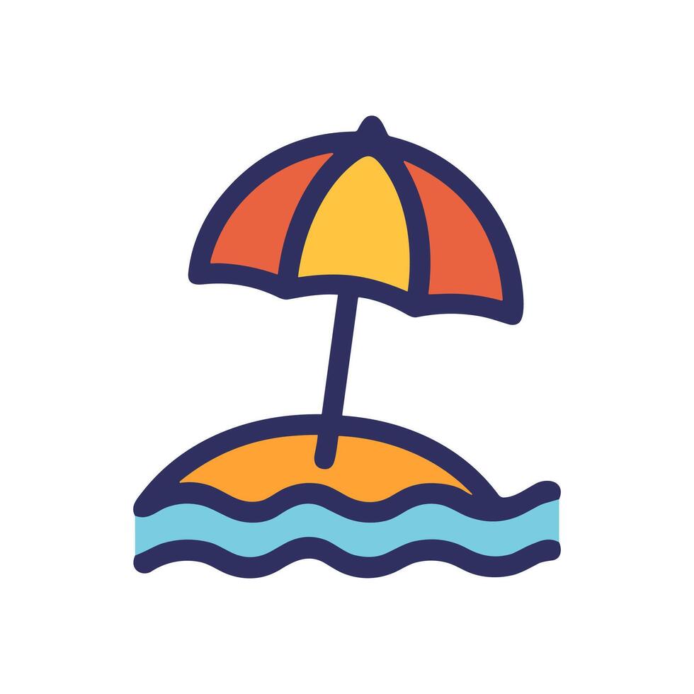 An island scene features an umbrella resting atop sand with a surrounding wave vector