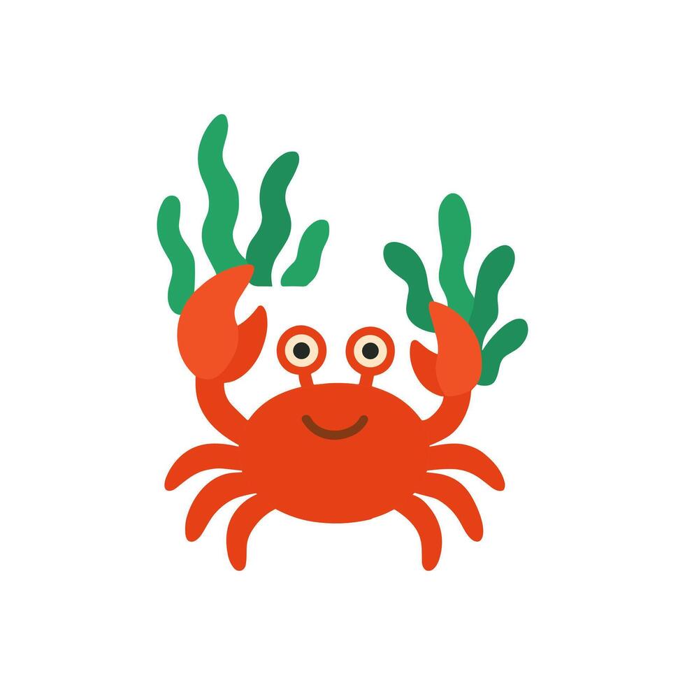 Cheerful crab nestled in seaweed illustration design element vector