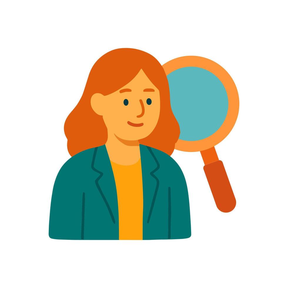 Woman researching seeking answers with magnifying glass illustration design element vector