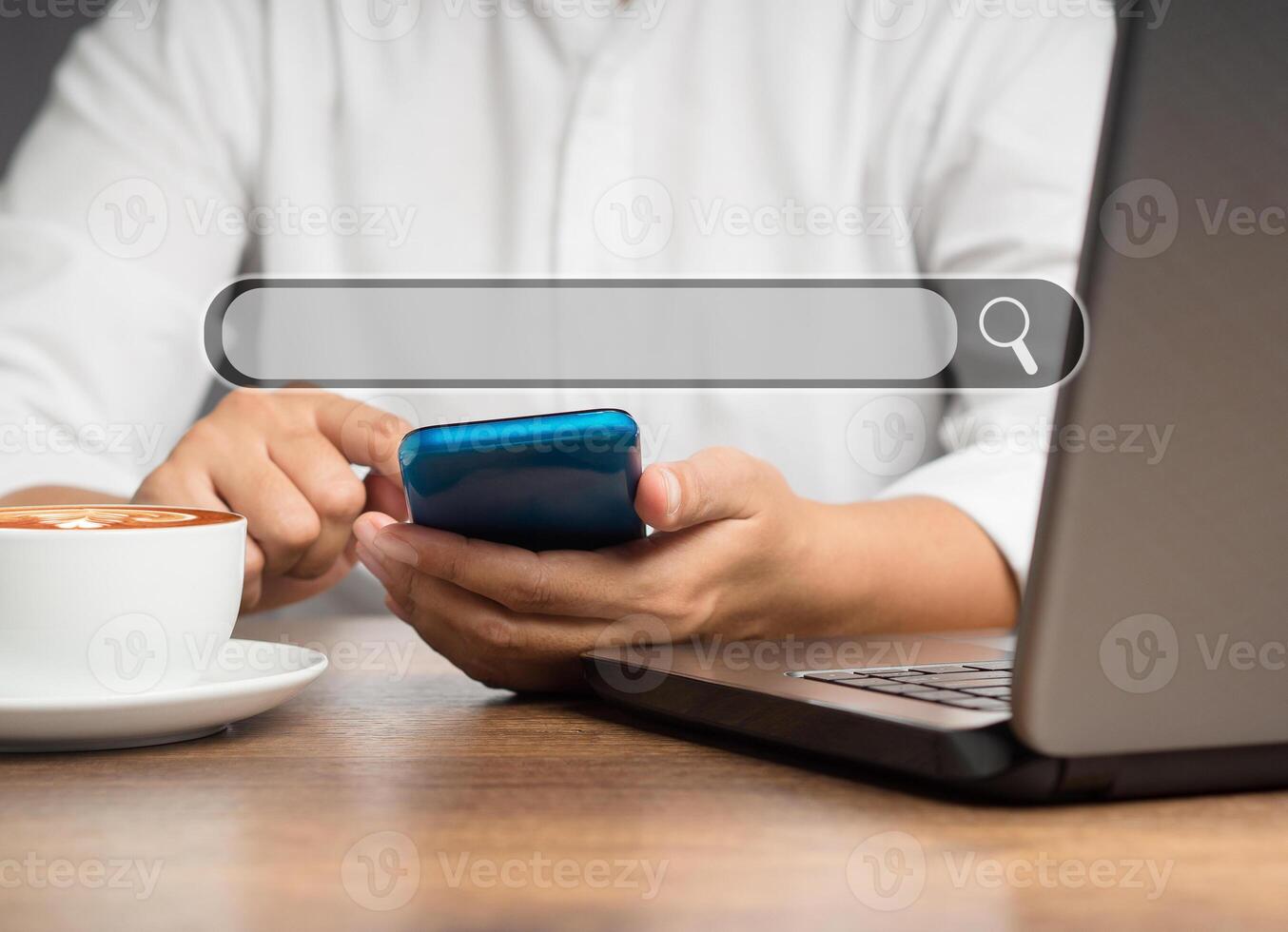 Data search technology. Businessman using a smartphone to search data from the internet photo