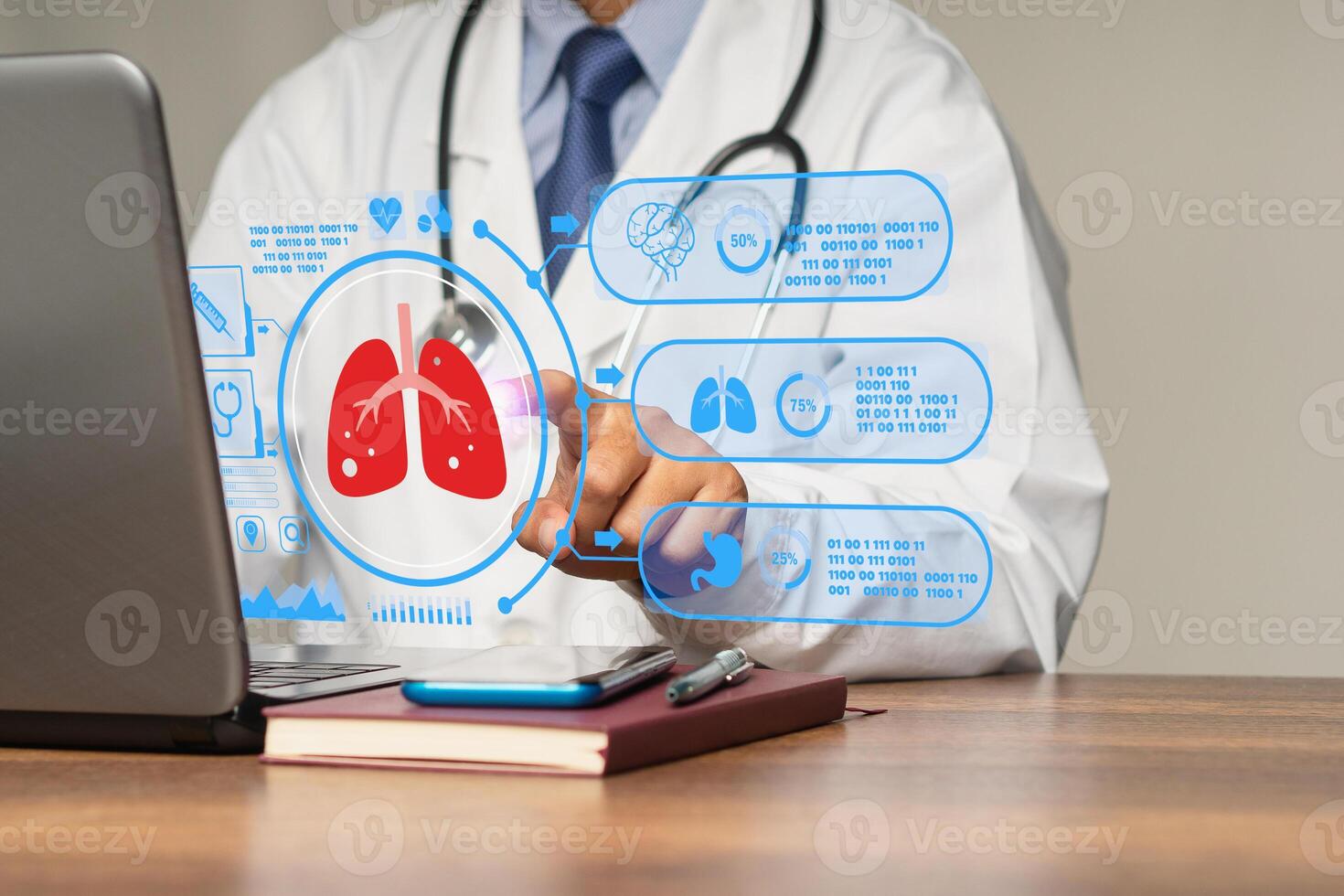 Doctor reads a lung examination report on a laptop virtual display while sitting in a hospital photo