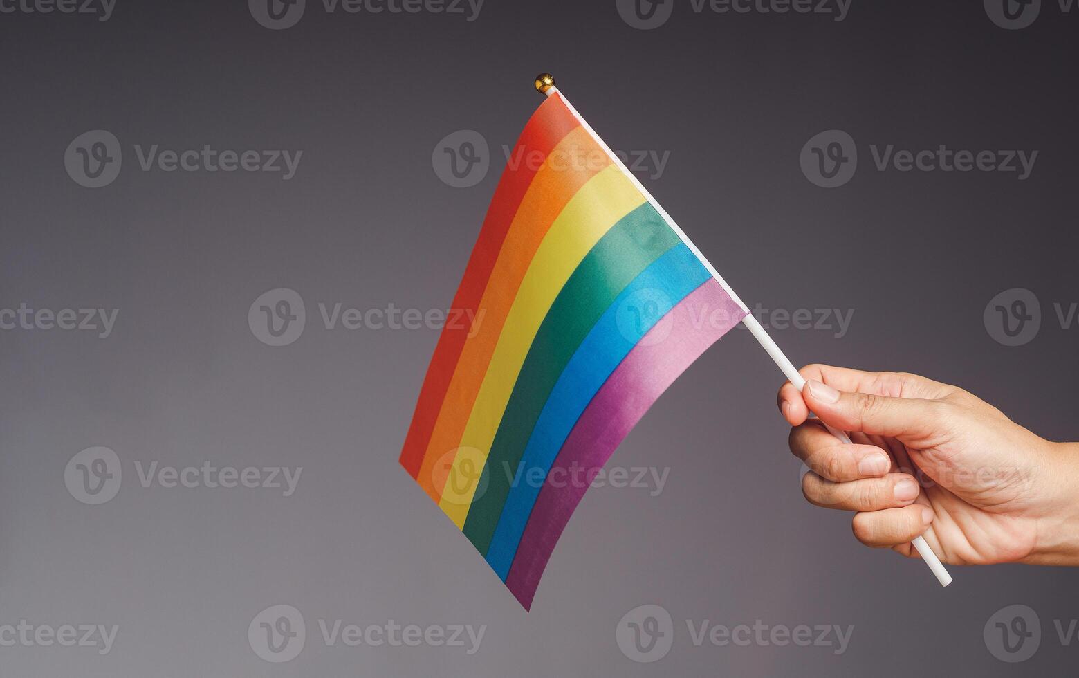 Rainbow flag showing in hand against a gray background photo