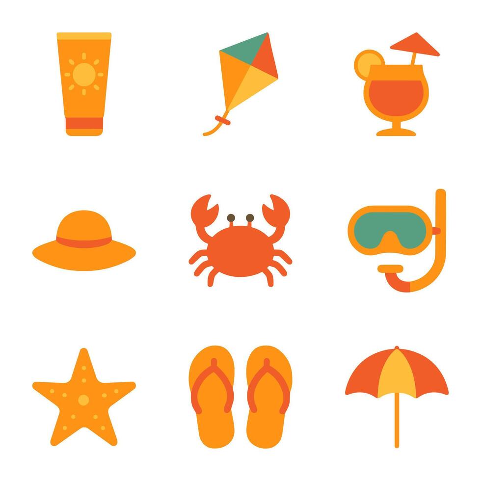 Nine summerthemed icons including sunglasses sunscreen flipflops and sea creatures arranged in a grid vector