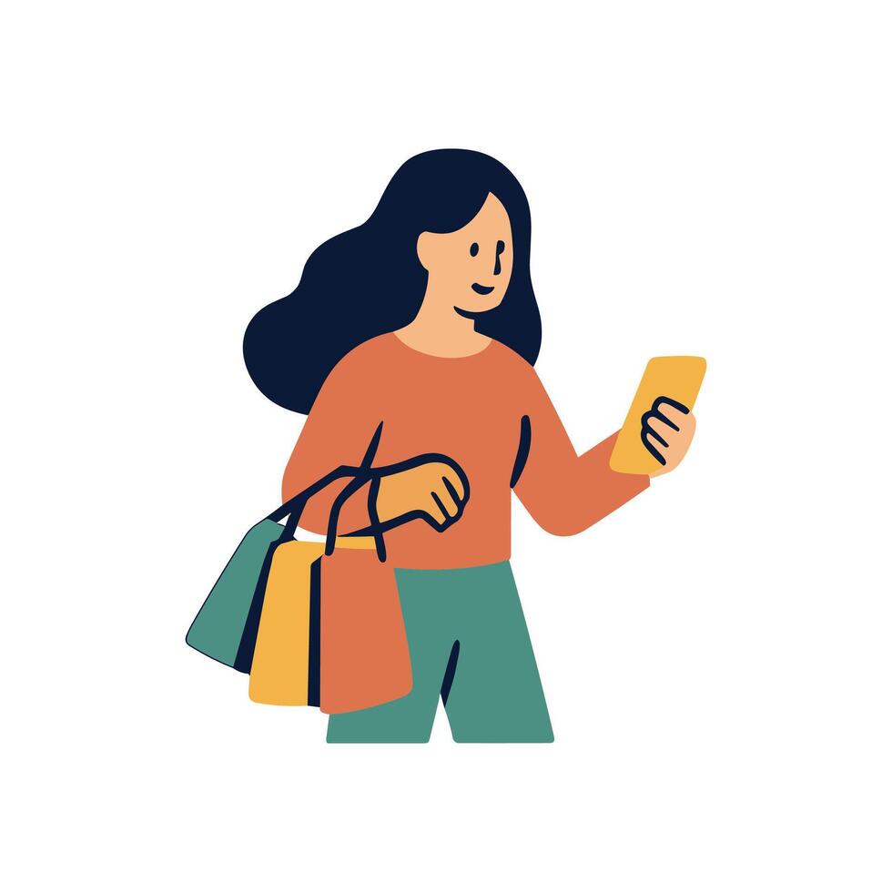 Shopper checking phone with shopping bags illustration design element vector