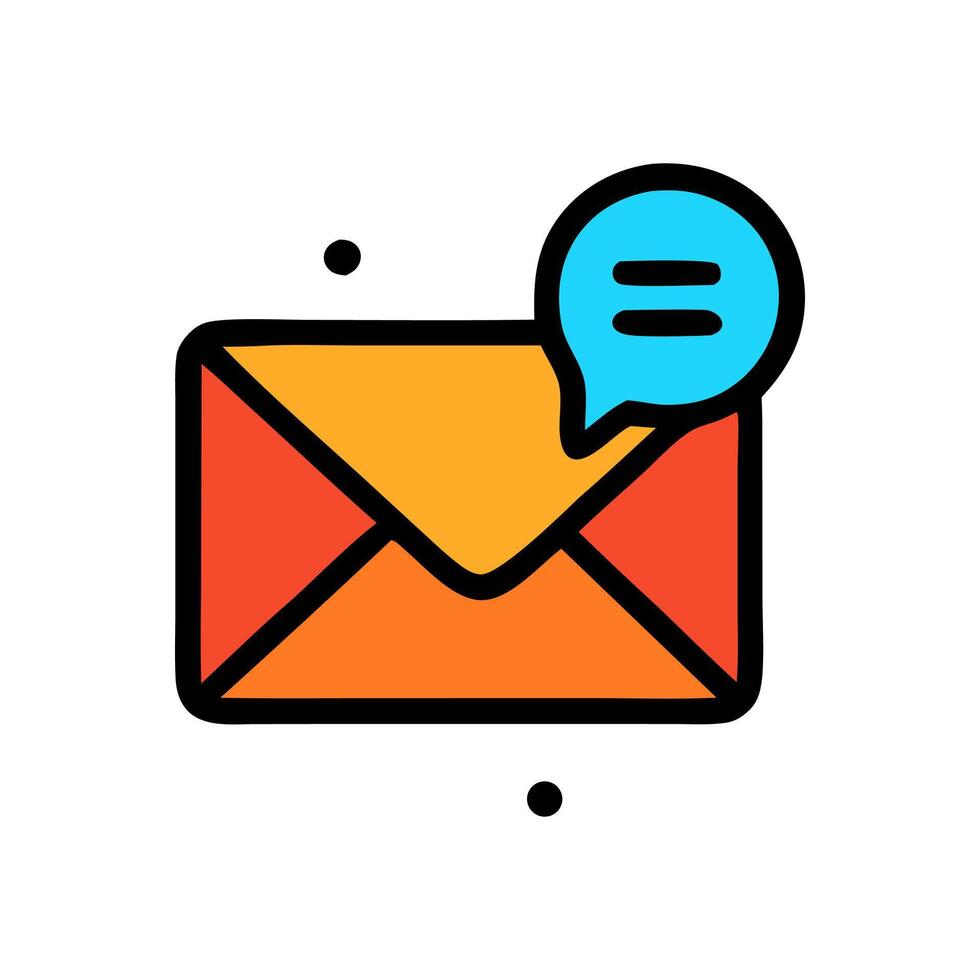 A red and orange envelope with a blue speech bubble containing two short lines flat design illustration vector