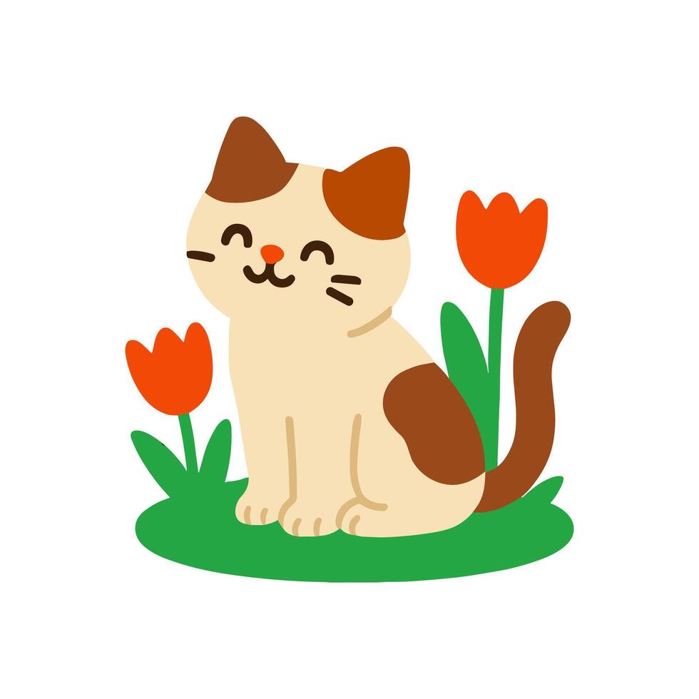 Whimsical kitty among tulips in bloom illustration design element vector