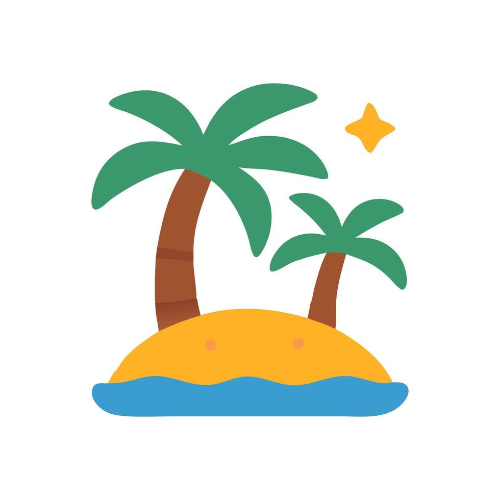 A tropical island with two palm trees surrounded by blue water and a yellow star in the sky flat design illustration vector