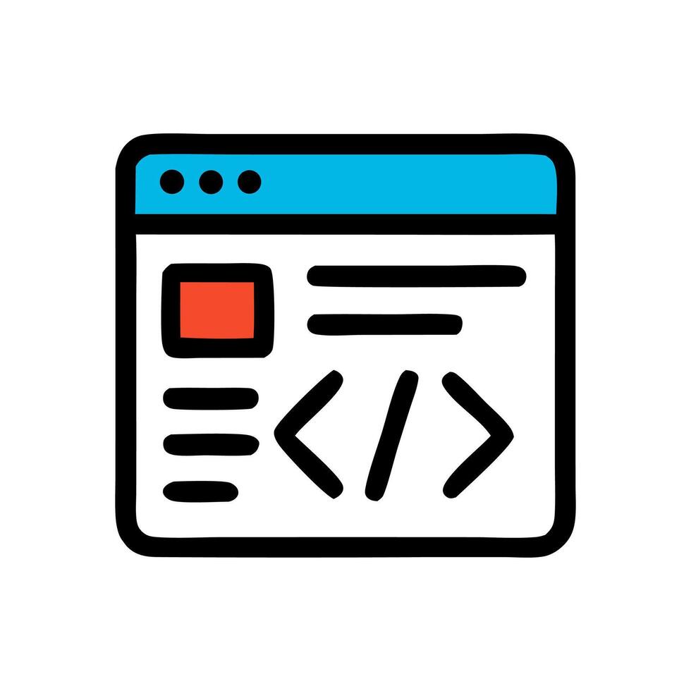 An icon depicting a stylized webpage with code symbols inside flat design illustration vector