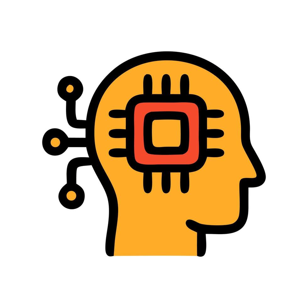 A yellow head outline with a red chip design and connecting lines extending from its side flat design illustration vector