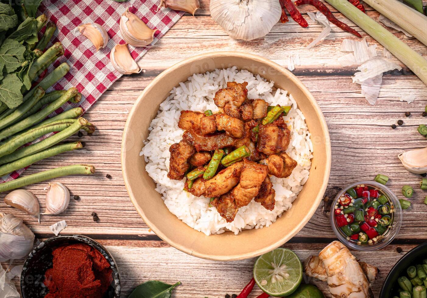 Stir fried pork with curry paste for Thai food concept. photo