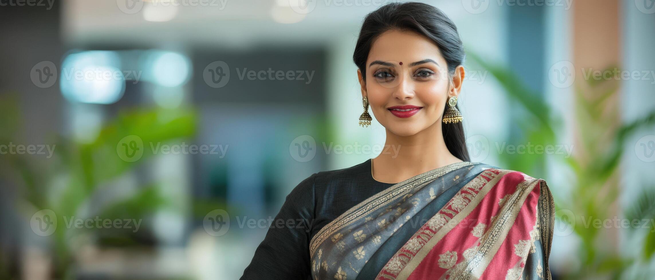 A woman in a sari standing in an office photo