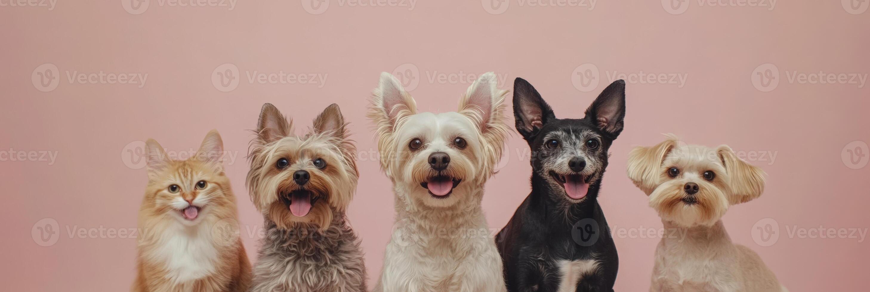 Five dogs are standing in front of a pink background. photo