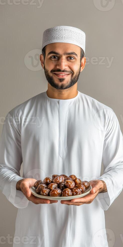 Arab young man holding plate of dates photo