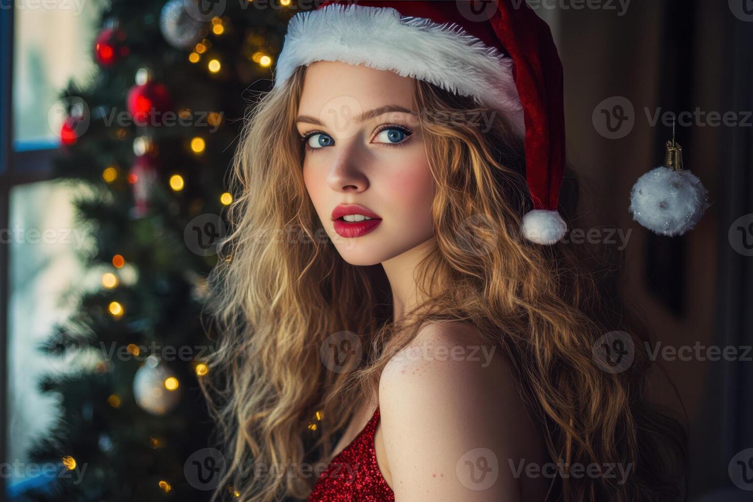Beautiful young woman in santa hat. photo
