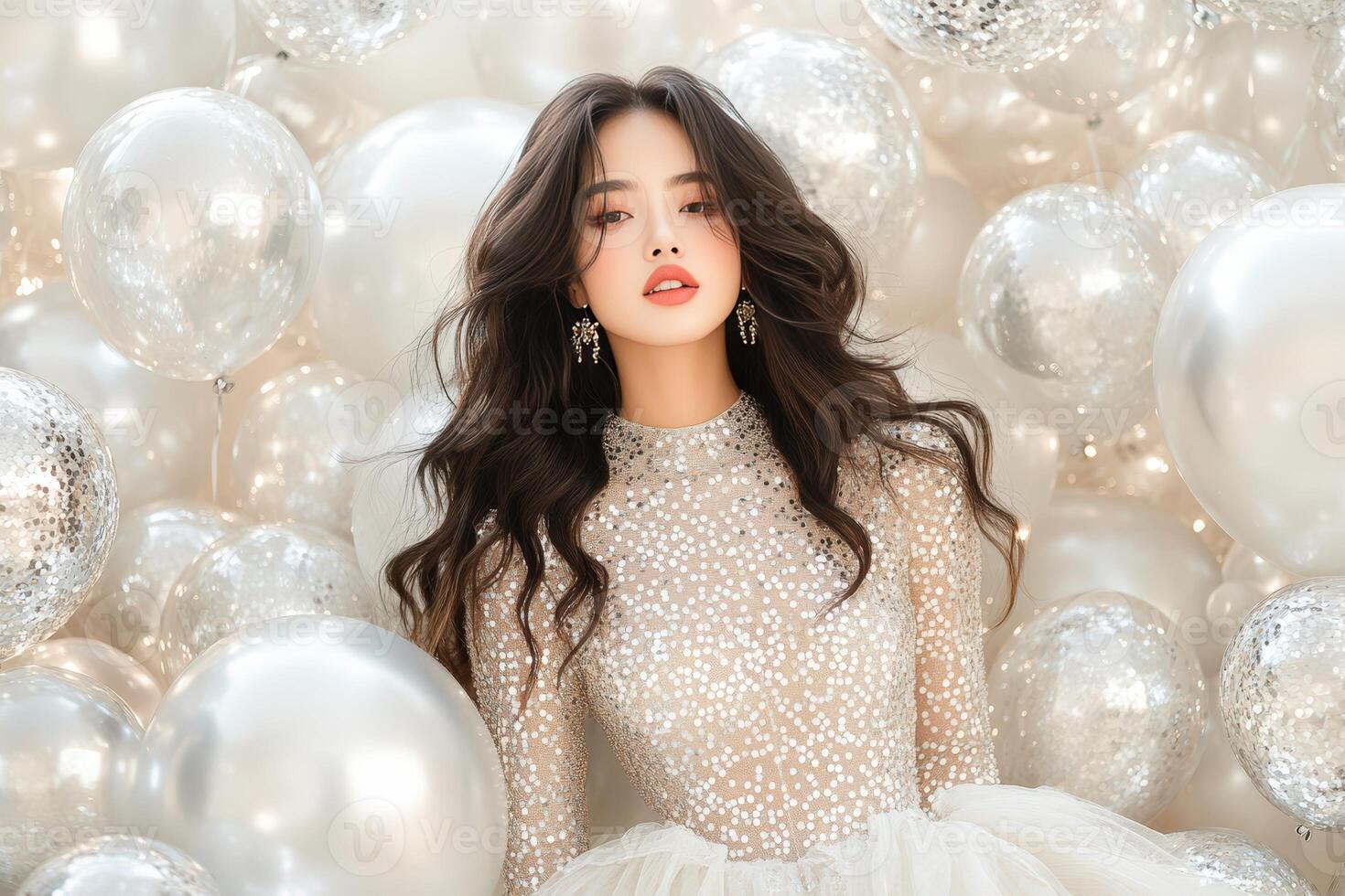 A woman in a white dress surrounded by white balloons. photo